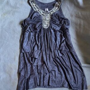 Long, Sleeveless Grey Top with Embellished Beautiful Neckline